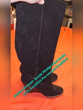 Jessica Simpson's "Caydee" Black Suede Wedge Heel Knee Hi Boots sz10 EUC